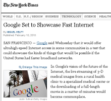 screenshot of New York Times article, 'Google Set to Show Fast Internet'